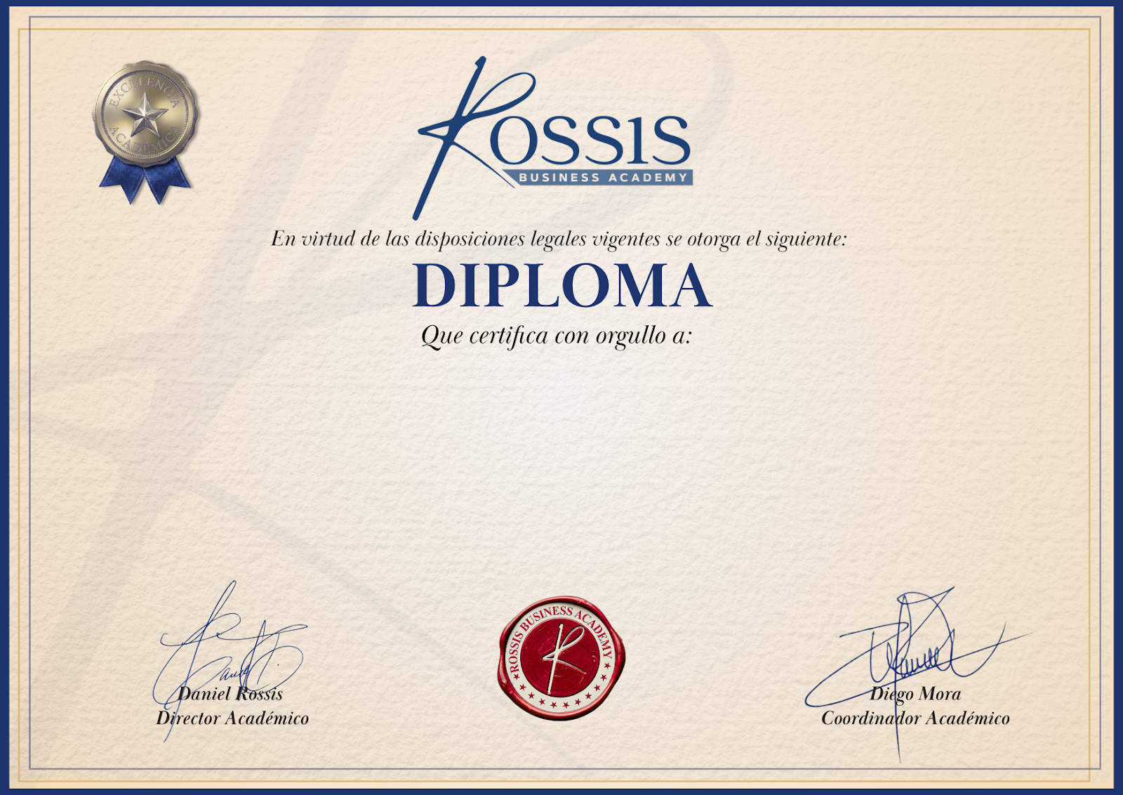 Modelo original del diploma de Rossis Business Academy con las firmas de Daniel Rossis y Diego Mora